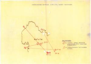 27.11.1939 tehty peitepiirros, joka oli Mainilan laukausten silminnäkijöiden kuulusteupöytäkirjan liitteenä. Siitä ilmenee laukausten todennäköinen ampumapaikka Neuvostoliiton puolella.  
