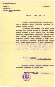Mainilan laukausten silminnäkijöiden kuulustelupöytäkirjan tiivistelmä. Päivätty 27.11.1939. Kuva: Arkistolaitos.